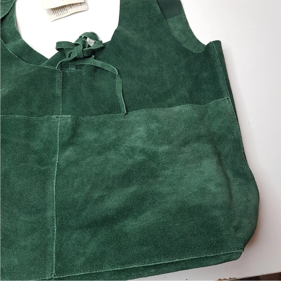 Free People Paris Suede Tote Bag Green Shoulder Leather Slouchy Tie Top BNWT - Picture 13 of 14